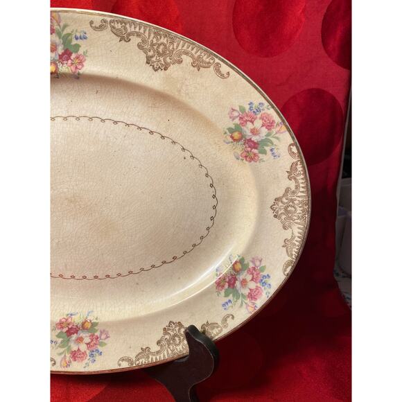 VTG Paden City Pottery Nasco Oval Platter 14x11in floral w22k gold swags trimGUC - Picture 3 of 16
